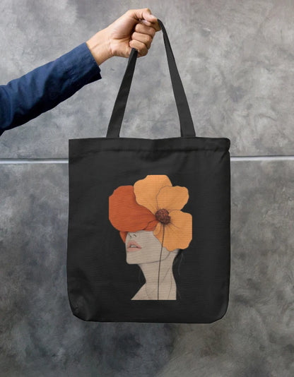 Surreal Floral Portrait Navy Canvas Tote Bag | Reusable Eco-Friendly Shoulder Shopping Bag