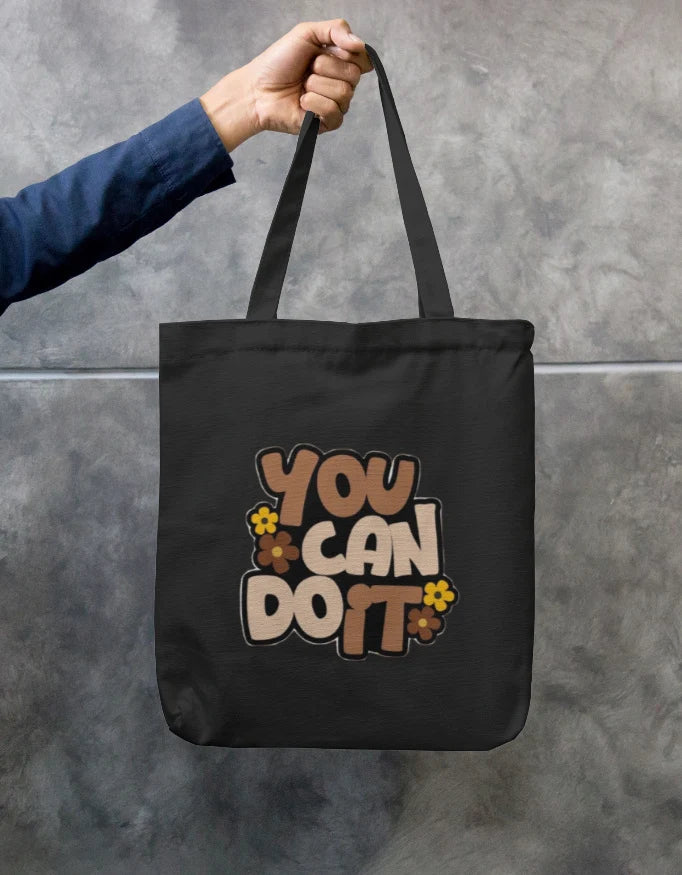 You Can Do It Retro Floral Black Canvas Tote Bag | Reusable Eco-Friendly Shoulder Shopping Bag