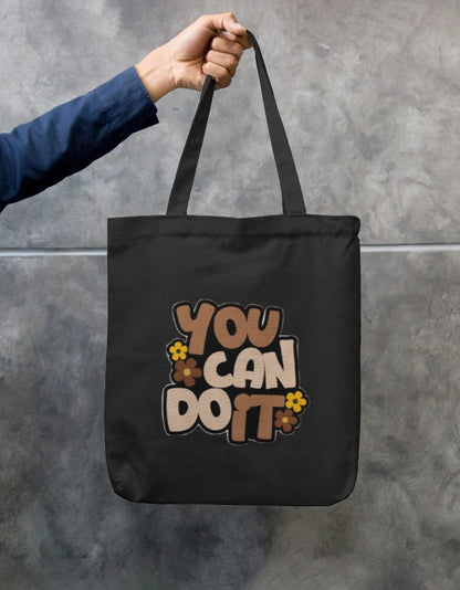You Can Do It Retro Floral Black Canvas Tote Bag | Reusable Eco-Friendly Shoulder Shopping Bag