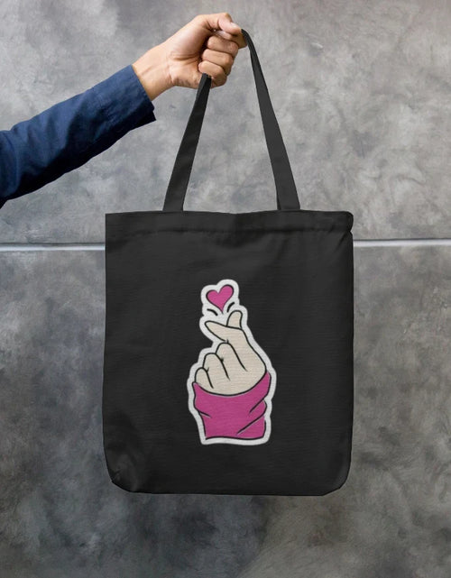 Korean Finger Heart Navy Canvas Tote Bag | Reusable Eco-Friendly Shoulder Shopping Bag