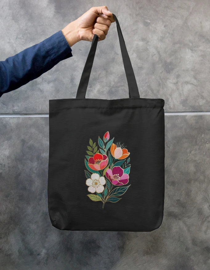 Folk Art Floral Bouquet Black Canvas Tote Bag | Reusable Eco-Friendly Shoulder Shopping Bag