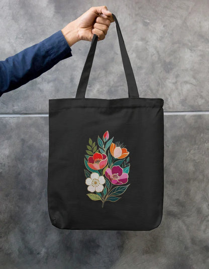 Folk Art Floral Bouquet Black Canvas Tote Bag | Reusable Eco-Friendly Shoulder Shopping Bag