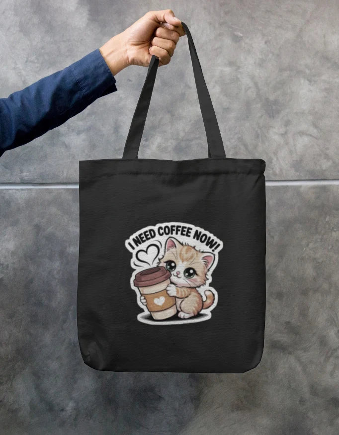 I Need Coffee Now Cute Kitten Black Canvas Tote Bag | Reusable Eco-Friendly Shoulder Shopping Bag