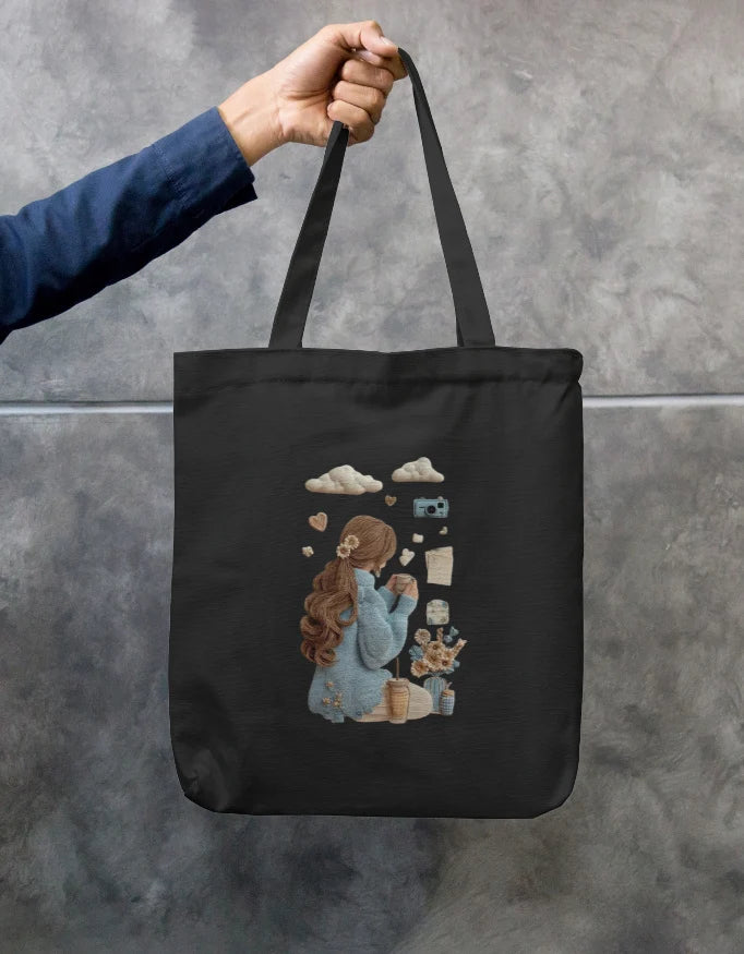 Cute Girl Reading Black Cotton Canvas Tote Bag | Eco-Friendly Reusable Shoulder Bag