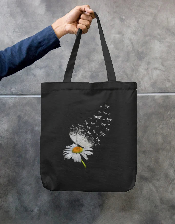 Daisy Flower Black Canvas Tote Bag | Reusable Eco-Friendly Shoulder Shopping Bag