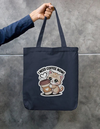 I Need Coffee Now Cute Kitten Black Canvas Tote Bag | Reusable Eco-Friendly Shoulder Shopping Bag