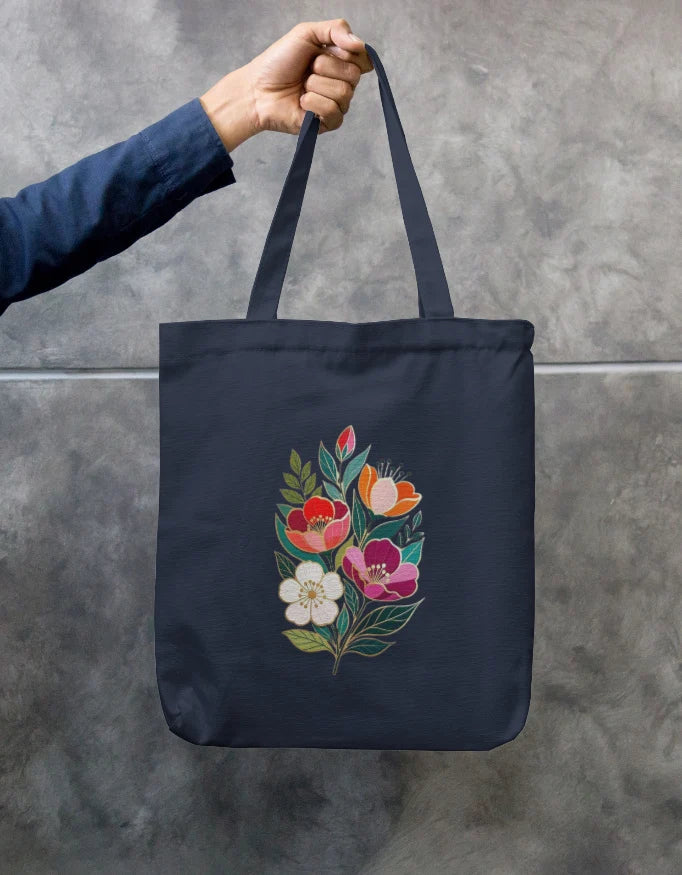 Folk Art Floral Bouquet Black Canvas Tote Bag | Reusable Eco-Friendly Shoulder Shopping Bag