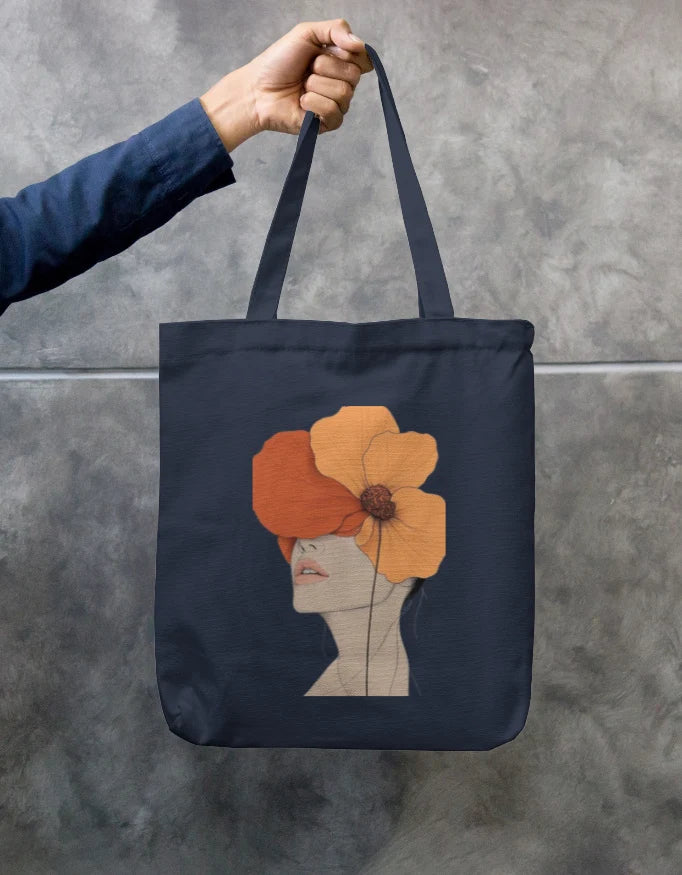 Surreal Floral Portrait Navy Canvas Tote Bag | Reusable Eco-Friendly Shoulder Shopping Bag