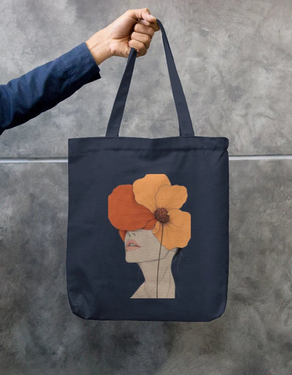 Surreal Floral Portrait Navy Canvas Tote Bag | Reusable Eco-Friendly Shoulder Shopping Bag