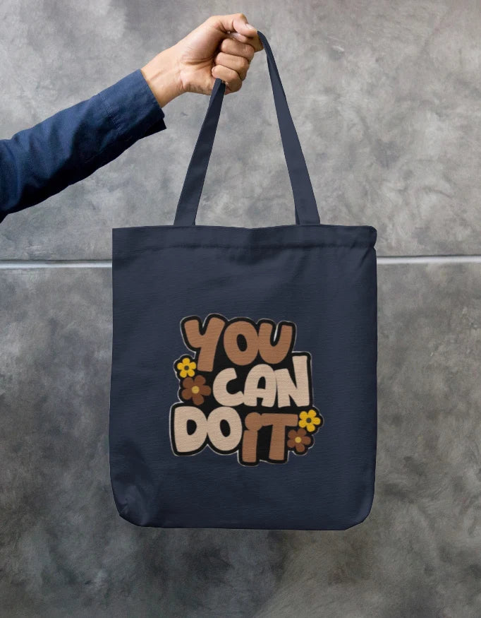 You Can Do It Retro Floral Black Canvas Tote Bag | Reusable Eco-Friendly Shoulder Shopping Bag