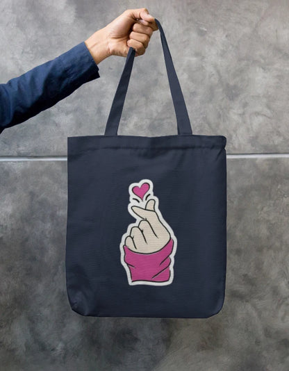 Korean Finger Heart Navy Canvas Tote Bag | Reusable Eco-Friendly Shoulder Shopping Bag