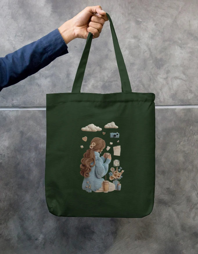 Cute Girl Reading Black Cotton Canvas Tote Bag | Eco-Friendly Reusable Shoulder Bag