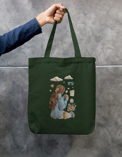Cute Girl Reading Black Cotton Canvas Tote Bag | Eco-Friendly Reusable Shoulder Bag