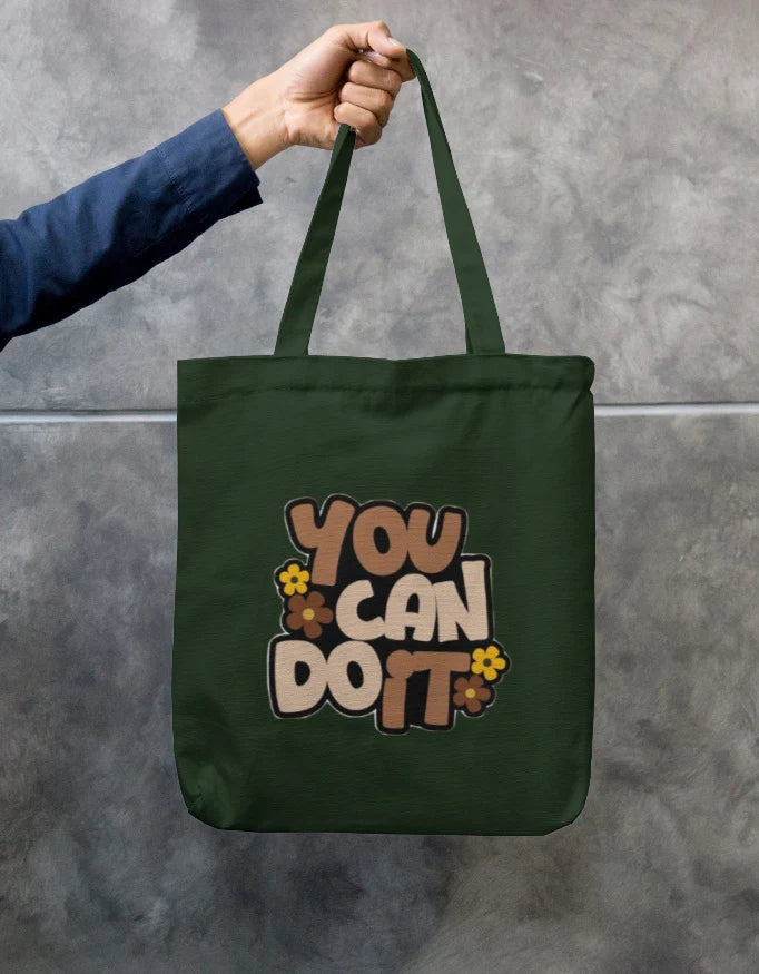 You Can Do It Retro Floral Black Canvas Tote Bag | Reusable Eco-Friendly Shoulder Shopping Bag