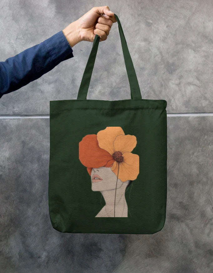 Surreal Floral Portrait Navy Canvas Tote Bag | Reusable Eco-Friendly Shoulder Shopping Bag
