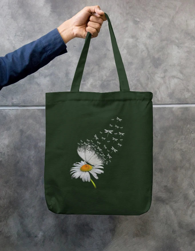 Daisy Flower Black Canvas Tote Bag | Reusable Eco-Friendly Shoulder Shopping Bag