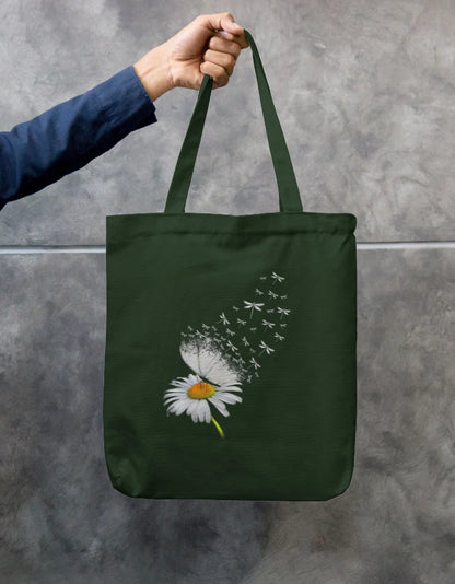 Daisy Flower Black Canvas Tote Bag | Reusable Eco-Friendly Shoulder Shopping Bag