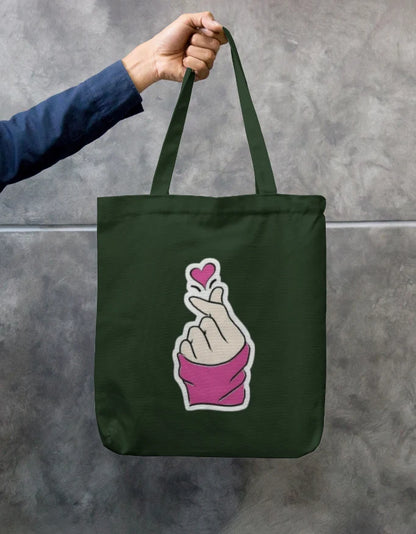 Korean Finger Heart Navy Canvas Tote Bag | Reusable Eco-Friendly Shoulder Shopping Bag