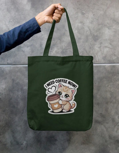I Need Coffee Now Cute Kitten Black Canvas Tote Bag | Reusable Eco-Friendly Shoulder Shopping Bag