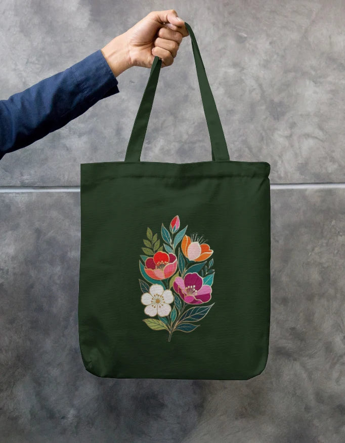 Folk Art Floral Bouquet Black Canvas Tote Bag | Reusable Eco-Friendly Shoulder Shopping Bag