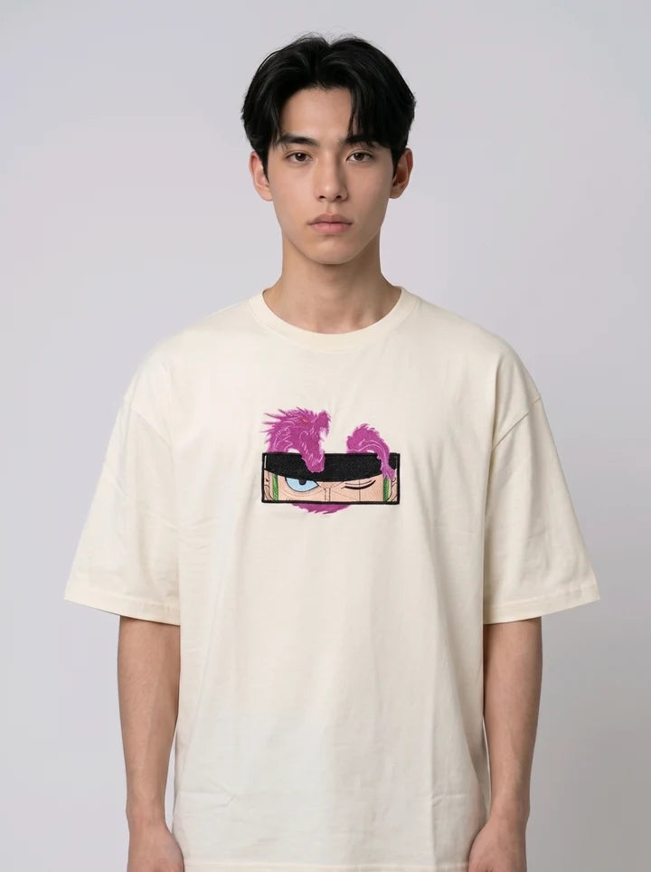 Dragon Eyes Embroidered Oversized Off-White T-Shirt