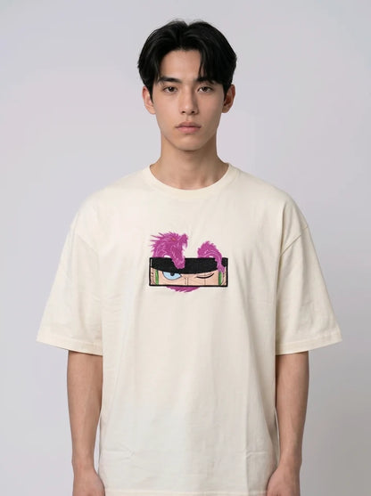 Dragon Eyes Embroidered Oversized Off-White T-Shirt