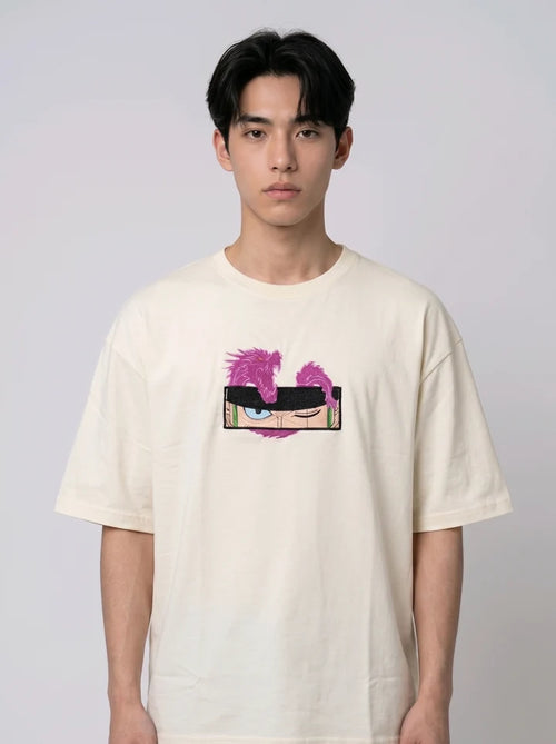 Dragon Eyes Embroidered Oversized Off-White T-Shirt