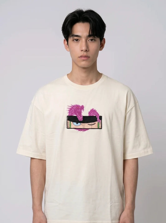 Dragon Eyes Embroidered Oversized Off-White T-Shirt
