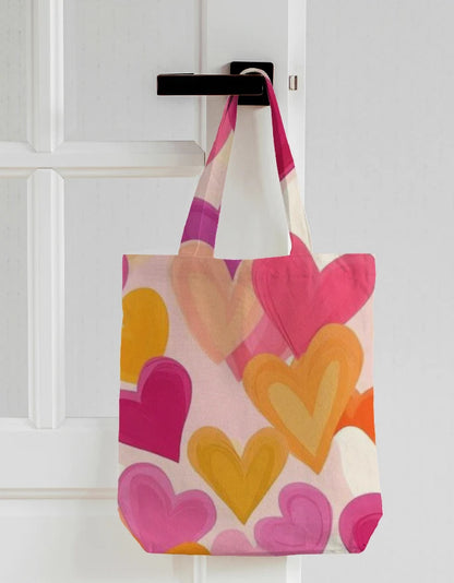 Colorful Pastel Hearts Pattern Canvas Tote Bag | Reusable Eco-Friendly Shoulder Shopping Bag