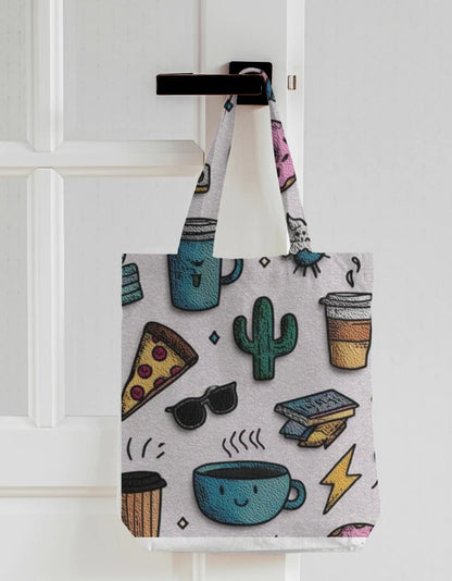 Cute Doodle Icons Canvas Tote Bag | Reusable Eco-Friendly Shoulder Shopping Bag