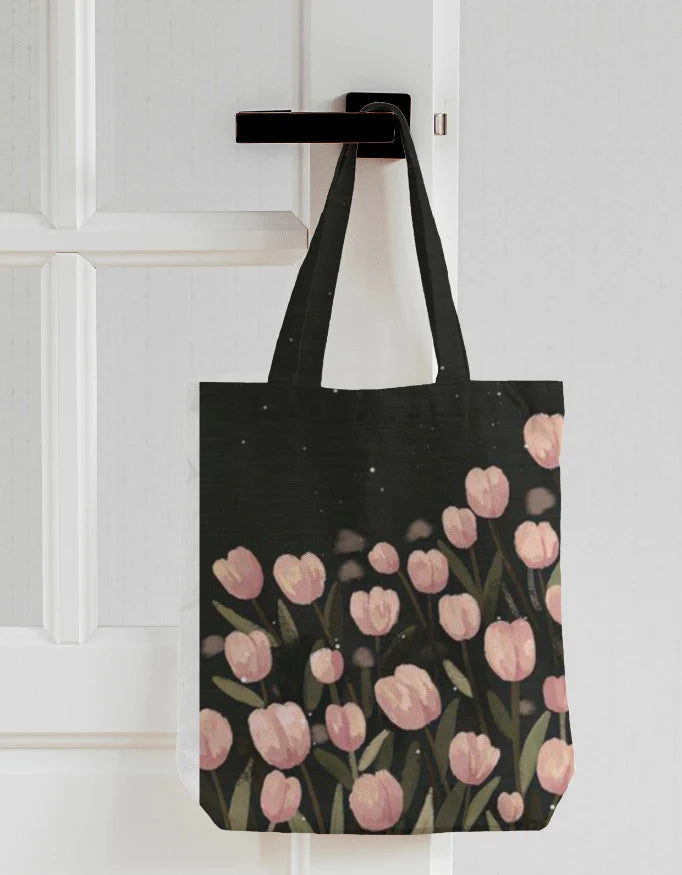 Pink Tulip Field Black Canvas Tote Bag | Reusable Eco-Friendly Shoulder Shopping Bag