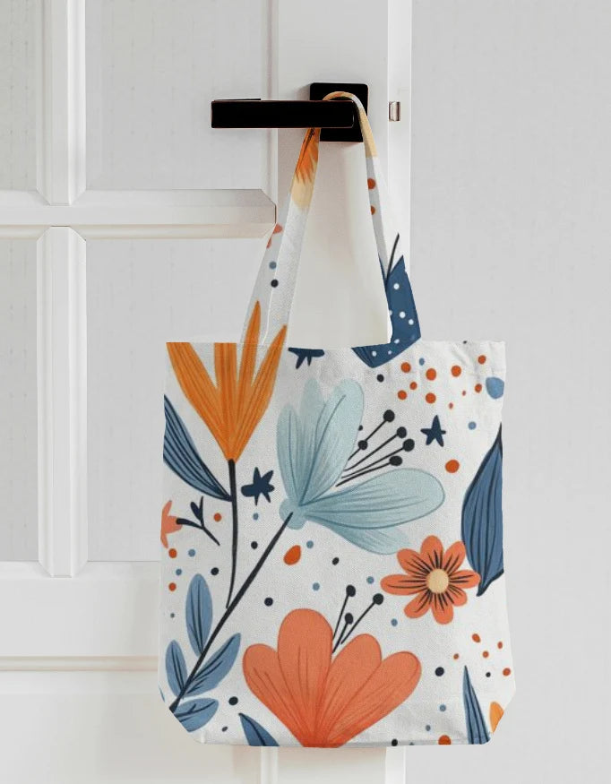 Retro Orange and Blue Floral Canvas Tote Bag | Reusable Eco-Friendly Shoulder Shopping Bag