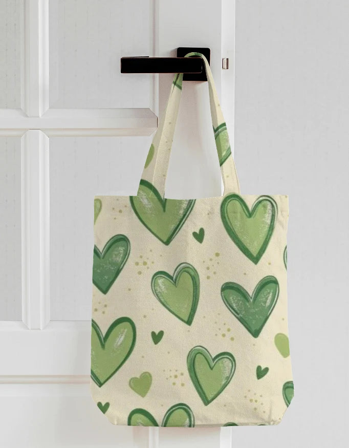 Cute Green Hearts Pattern Canvas Tote Bag | Reusable Eco-Friendly Shoulder Shopping B