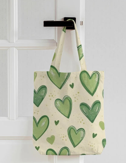Cute Green Hearts Pattern Canvas Tote Bag | Reusable Eco-Friendly Shoulder Shopping B