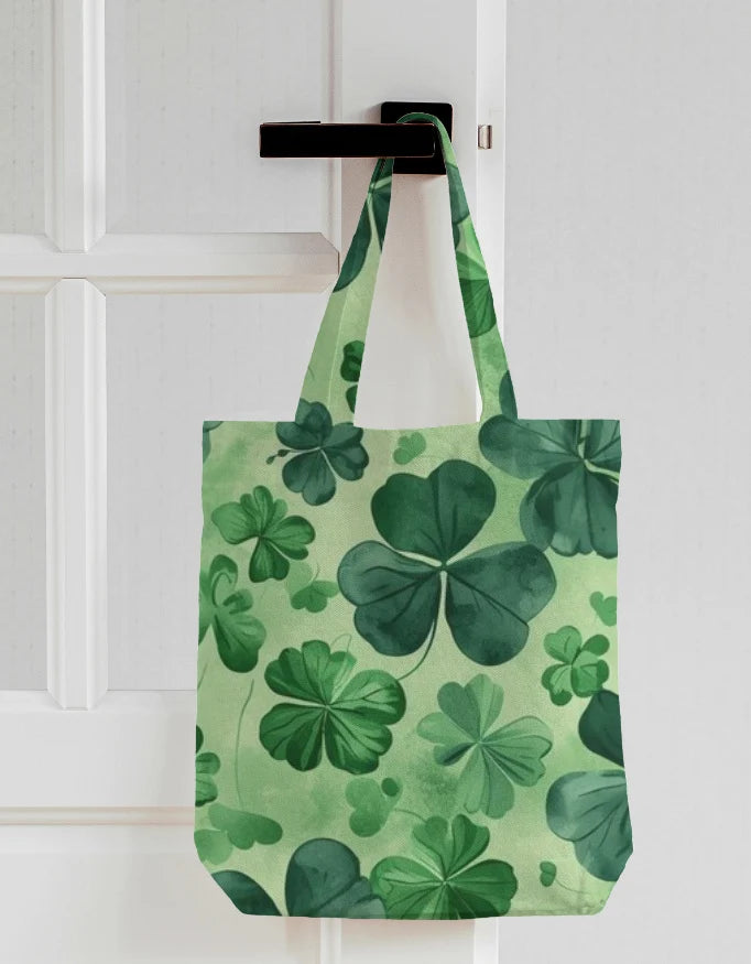 Green Clover Shamrock Canvas Tote Bag | Reusable Eco-Friendly Shoulder Shopping Bag