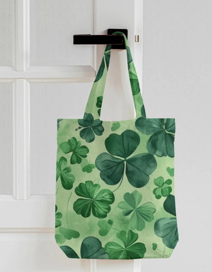 Green Clover Shamrock Canvas Tote Bag | Reusable Eco-Friendly Shoulder Shopping Bag