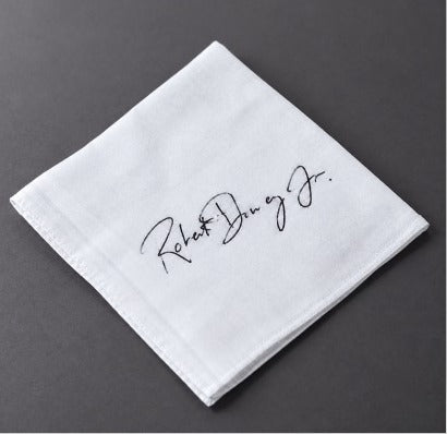 Robert Downey Jr Signed White Cotton Handkerchief Collectible Memorabilia from Iron Man Fan Event