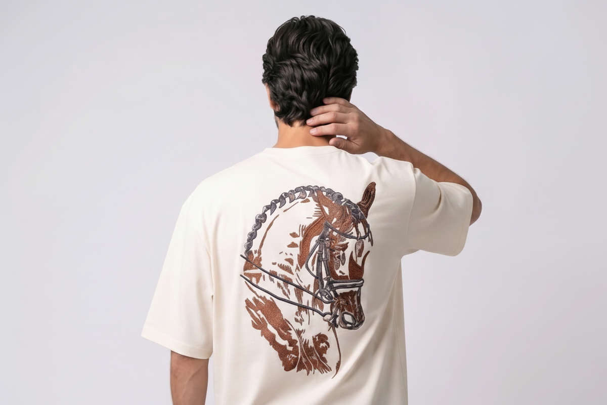 Men's 3D Embroidered Horse Black T-Shirt