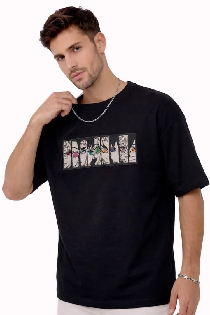 Upper Moon Eyes Anime Premium Embroidered Black T-Shirt
