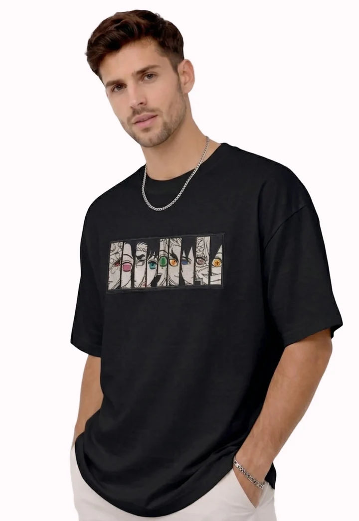 Upper Moon Eyes Anime Premium Embroidered Black T-Shirt