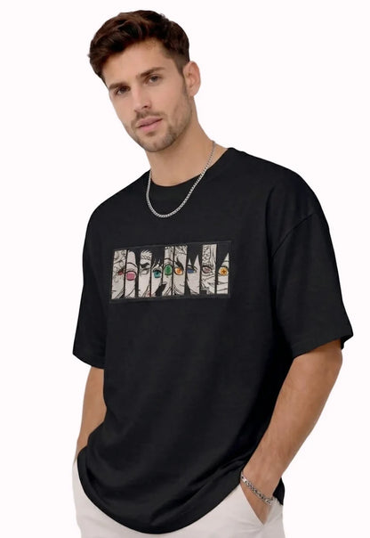 Upper Moon Eyes Anime Premium Embroidered Black T-Shirt