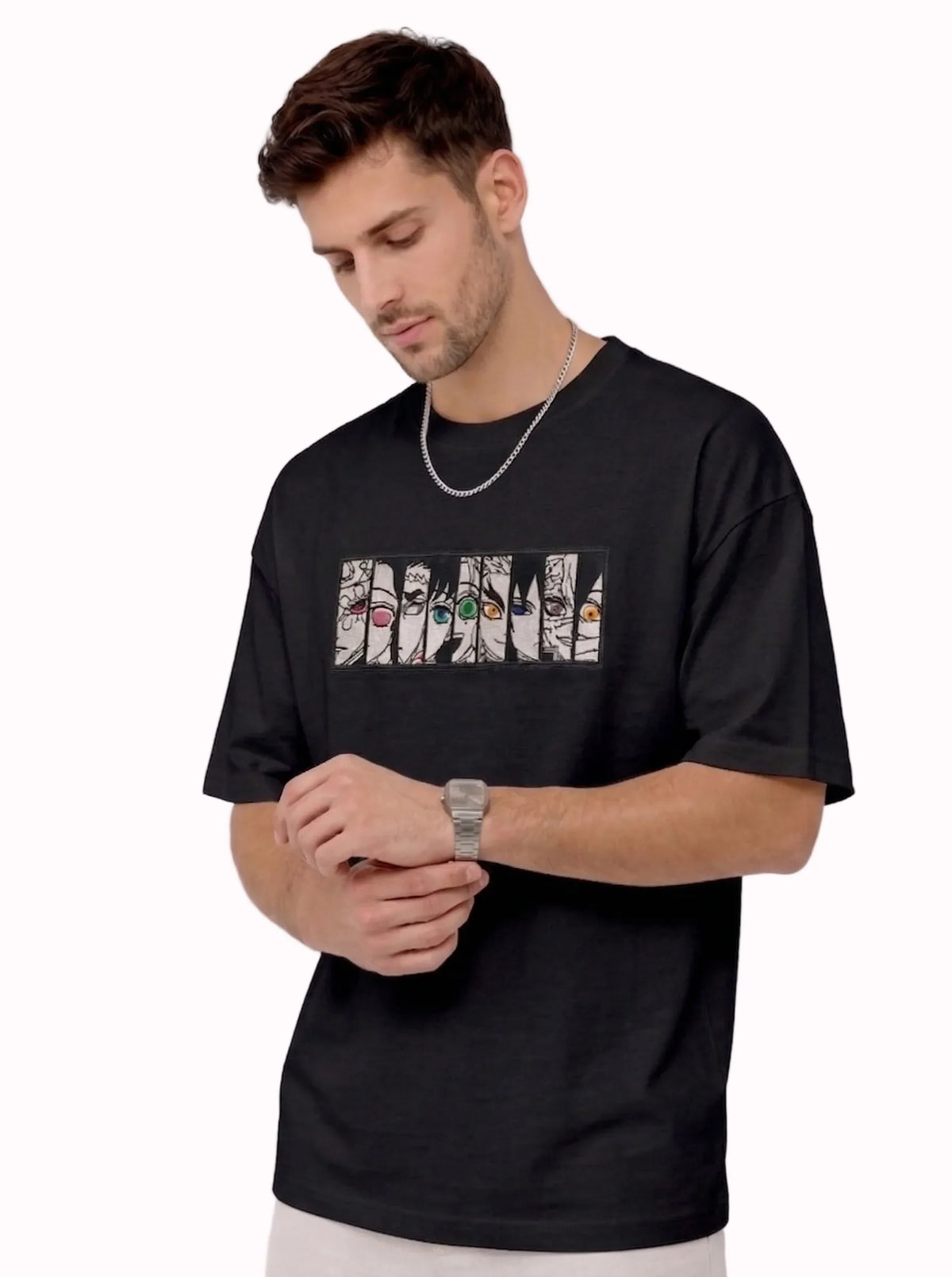 Upper Moon Eyes Anime Premium Embroidered Black T-Shirt
