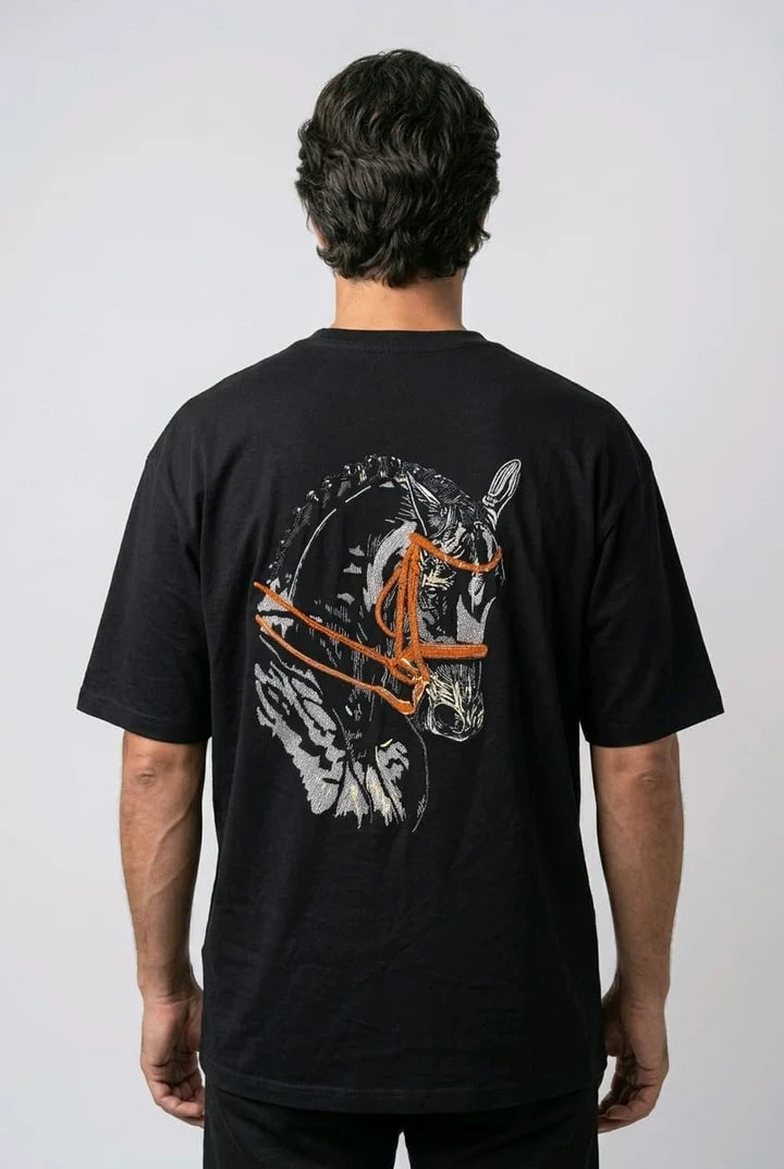 Men's 3D Embroidered Horse Black T-Shirt