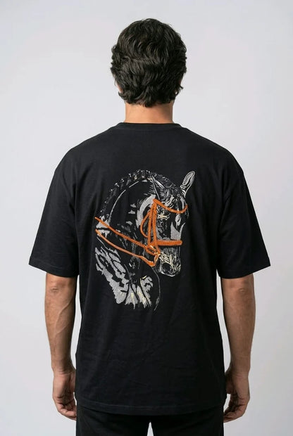 Men's 3D Embroidered Horse Black T-Shirt