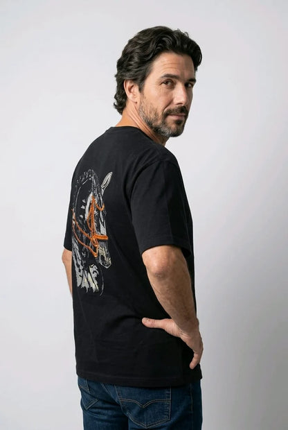 Men's 3D Embroidered Horse Black T-Shirt