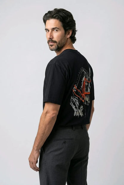 Men's 3D Embroidered Horse Black T-Shirt