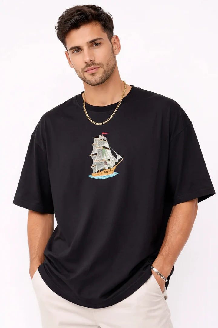 Sailor Voyage Embroidered Oversized Black T-Shirt
