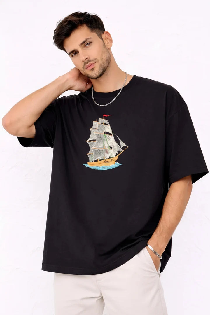 Sailor Voyage Embroidered Oversized Black T-Shirt