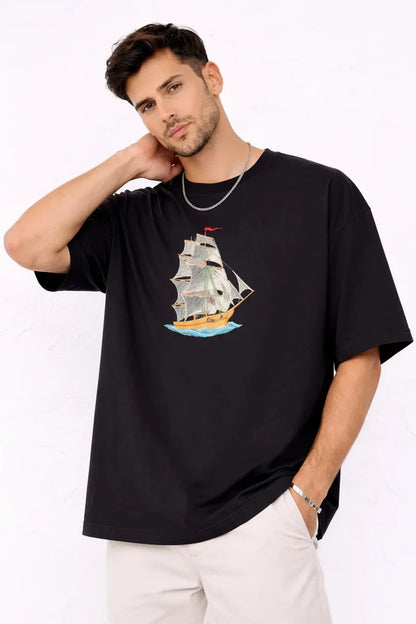 Sailor Voyage Embroidered Oversized Black T-Shirt
