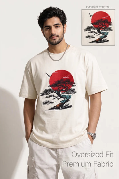 Bonsai & Red Sun Embroidered Graphic T-Shirt